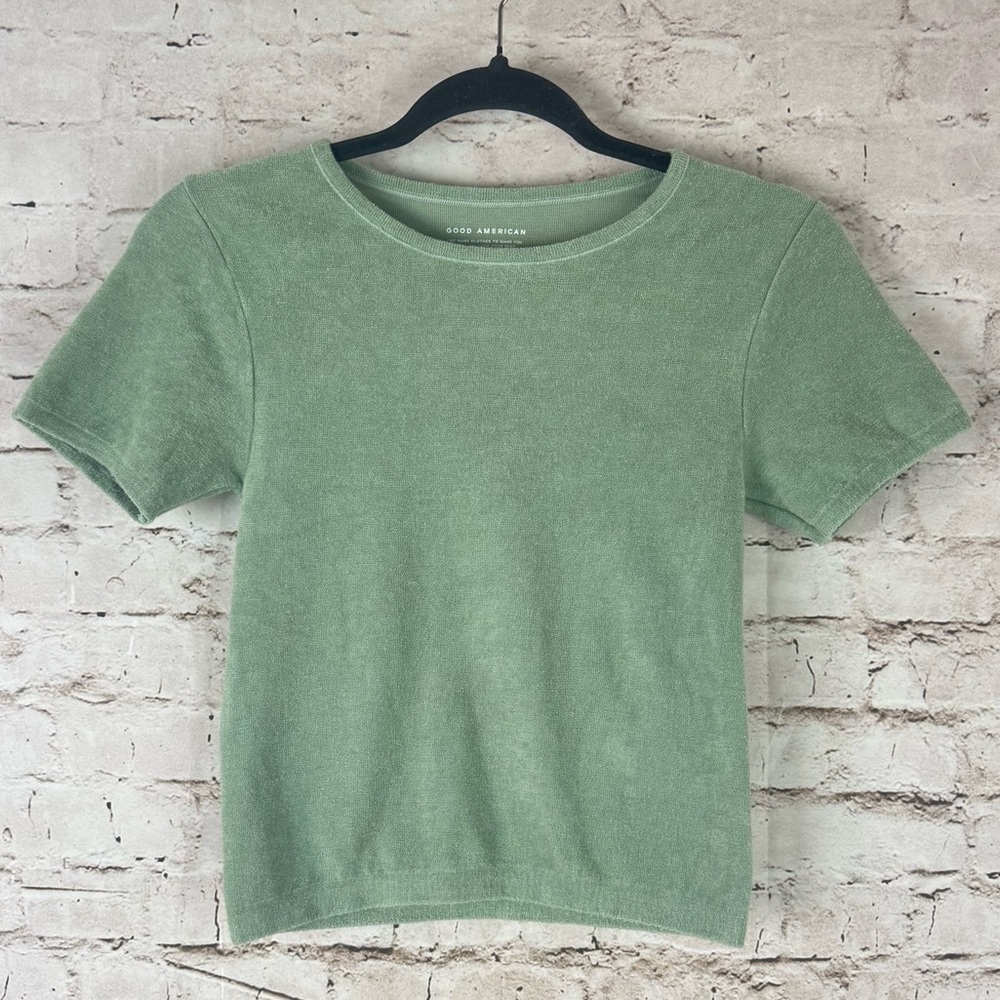Good American Women's 1/2 Short Sleeve Shirt Terrycloth Sage Green S/M Soft
